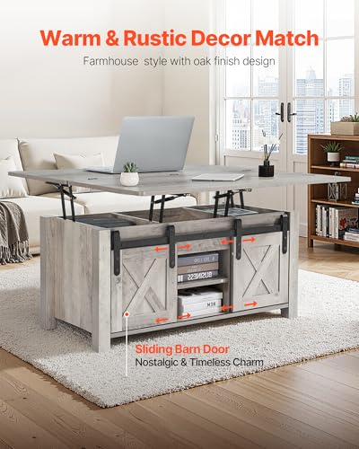 Image of VEVOR 39.4 in Farmhouse Lift Top Coffee Table, Rustic Center Table with Barn Door and Hidden Storage Compartment, Modern Rectangle Lifting Tabletop for Living Room, Office, Home, Easy Assembly, Oak