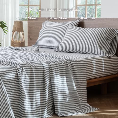 Image of MooMee Striped Sheet Set 100% Washed Cotton Linen Like Twin
