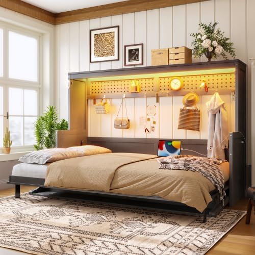Bellemave Full Size Murphy Bed with Desk & USB Charging Station, Wooden Murphy Cabinet Wall Bed with Storage Pegboard & LED Lights for Guest Room/Home Office/Studio Apartment (Dark Gray/Full)