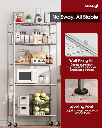Image of Sakugi 5-Tier Storage Shelves 33.1 inch x12.6' x73.5 Silver with Wheels