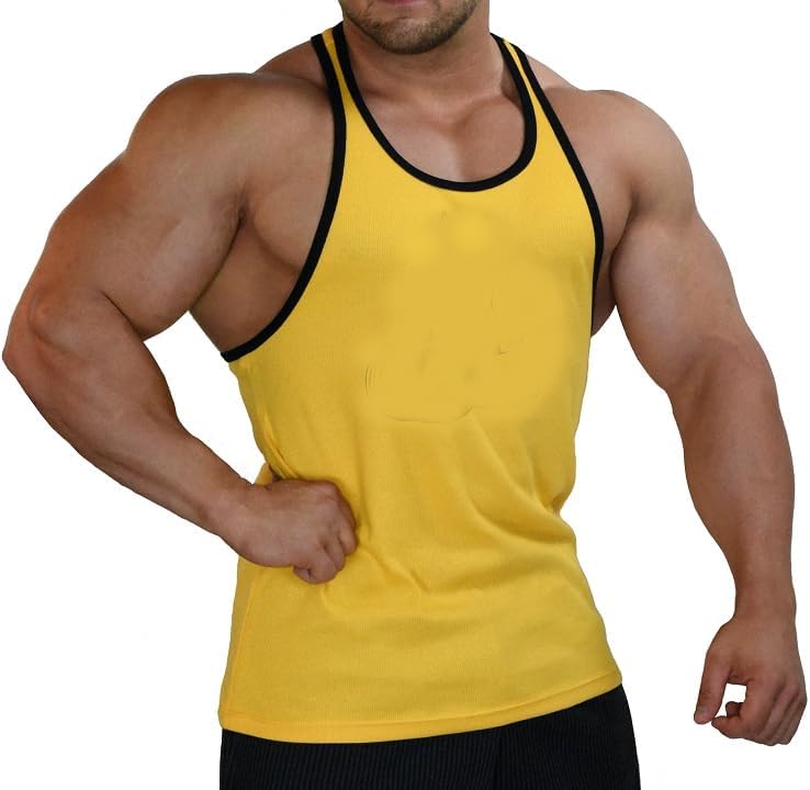 Men's Workout Bodybuilding Weight Lifting Stringer Gym Fitness Training Tank Top in Yellow with Black Trim