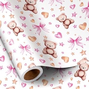 RUSPEPA Bear Bow Wrapping Paper Roll for Baby Girl, Mini Roll, Pink Bear with Heart, Bow and Star Gift Wrap Paper for Baby Shower, Birthday and Special Occasions, 17 Inches x 16.4 Feet