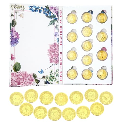 TINGKU Spanish Gold Wedding Unity Coins Set (13 Pcs), Storage Box with Book Collection Design for Wedding Ceremony, Bride Gift