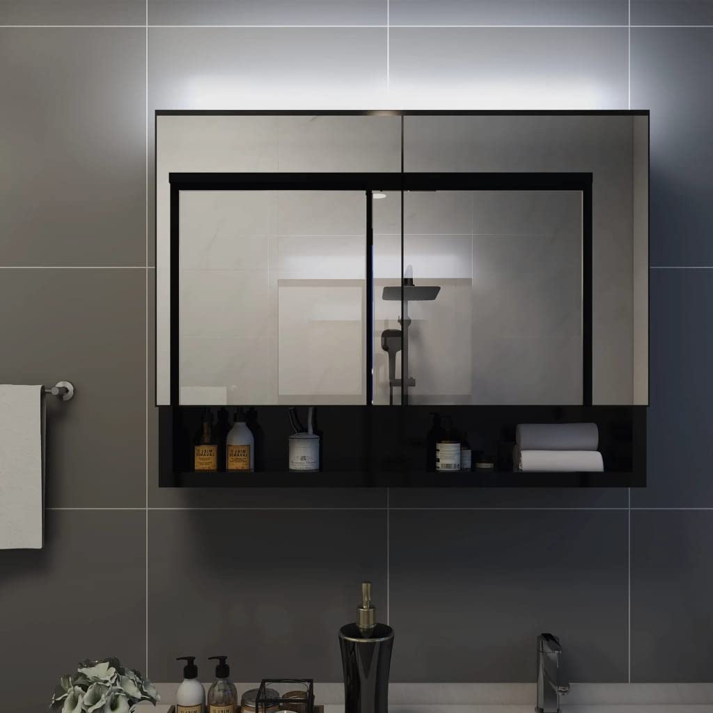 Szafka z lustrem LED do łazienki, czarna, 80 x 15 x 60 cm, płyta MDF z melaminą, przyłącze USB, 2 drzwi, 3 półki, montaż ścienny do umywalki i umywalki, oszczędność miejsca do przechowywania