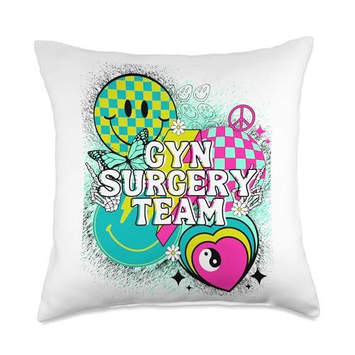GYN Surgery Team Y2K Aesthetic Nurses Co. GYN Surgery Team Nurse Happy Y2K Matching 90s Peace Throw Pillow, 18x18, Multicolor