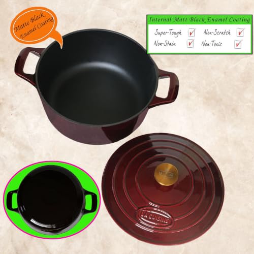 Image of La Cuisine Enameled Cast Iron Dutch Oven Casserole Pot with Golden handle for Lid, Internal Matte Black Enamel Coating, 5 QT 10.5 inch / 26cm O, Oven-Safe 550F /276C, Cranberry