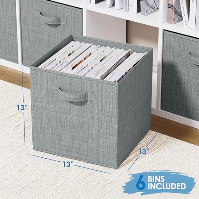 NEATERIZE Fabric Storage Cubes for Cube Organizer - 6 Pack Heavy Duty Grey Storage Bins - 13 Inch Cube Storage Bin, Use As A Clothes Storage Box, Baskets For Shelves or Cubbies Storage bins