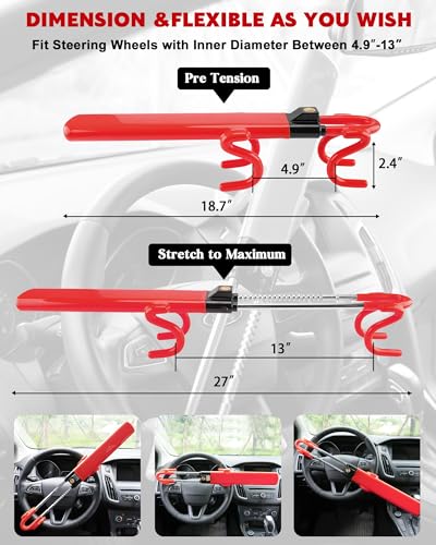 Image of Tevlaphee Steering Wheel Lock Anti-Theft Car Device Heavy Duty Security Car Lock Antitheft Locking Devices Great Deterrent Adjustable Car Wheel Lock Anti Theft for Vehicle Truck SUV with 3 Keys (Red)