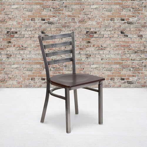 Image of Flash Furniture HERCULES Series Clear Coated Ladder Back Metal Restaurant Chair - Walnut Wood Seat