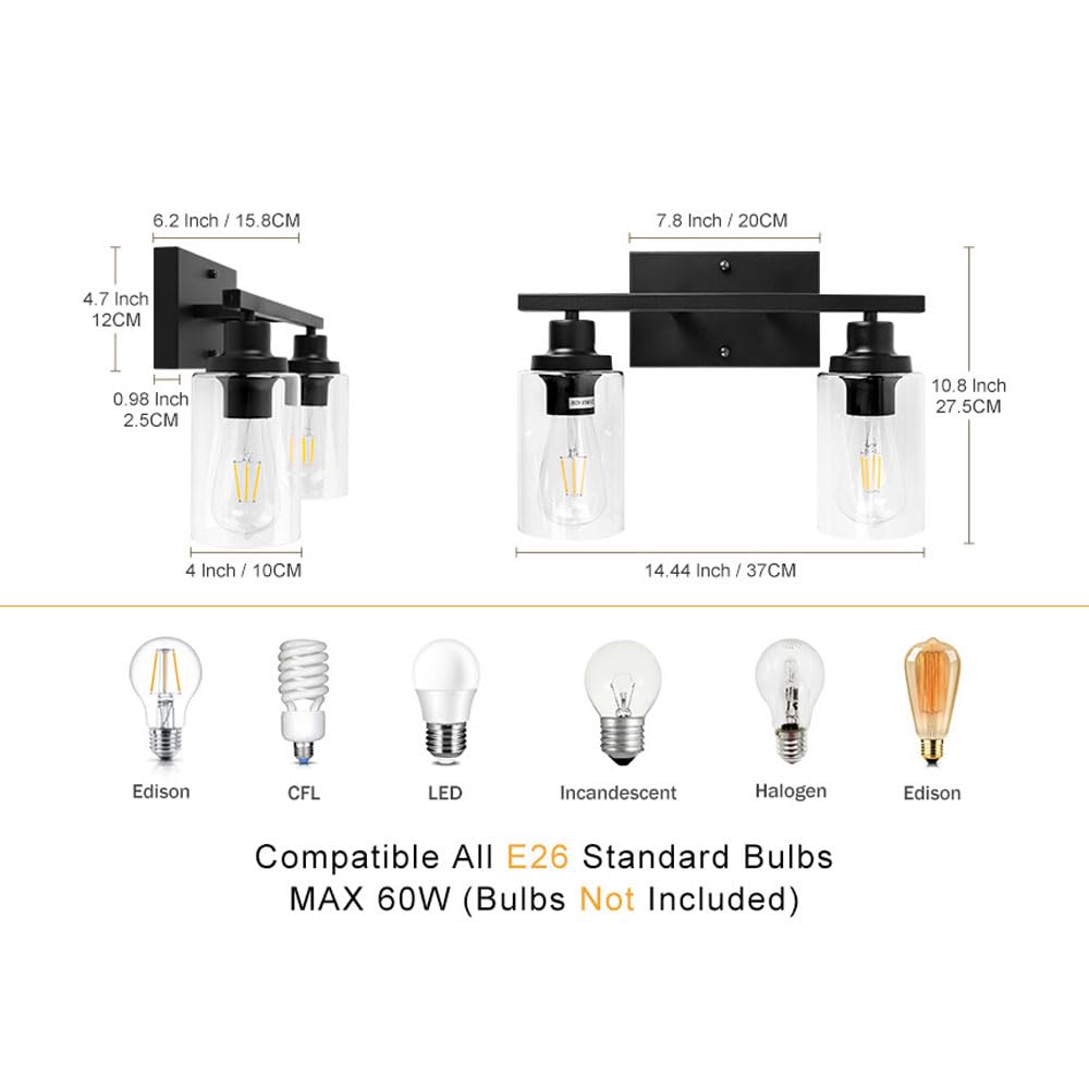 Lámparas de baño, Aplique de Pared Negro, luminaria Moderna para tocador, 2 Cabezales con Vidrio Transparente, lámpara de Estilo rústico, lámpara Industrial para Porche, baño, Sal