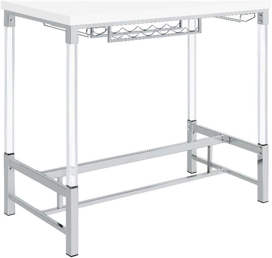 Pemberly Row Wood Pub Height Bar Table, White High Gloss Finish, 47.25 x 22.5 x 42.25 in, Built-in Wine Storage for 6 Bottles, Stemware Racks, Acrylic Legs, Contemporary Home Dining Room Bar Table