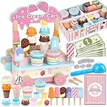 Dreamon Wooden Ice Cream Set for Kids, Wooden Role Play Ice Cream Shop Play Food Kitchen Toys Imaginative Play Toys Gift 3 year old Girls Boys (48 PCS Ice Cream Cart)