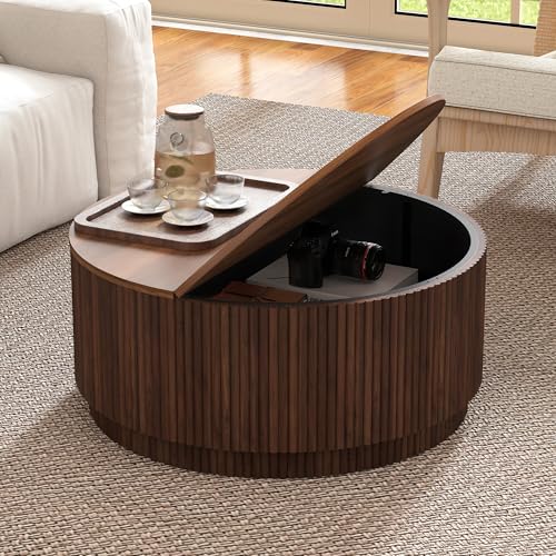 Image of 31.5 inch Round Coffee Table with Storage, Mid Century Modern Coffee Tables with Fluted Base, Wooden Circle Accent Center Table for Living Room Small Space Apartment Office (Walnut)