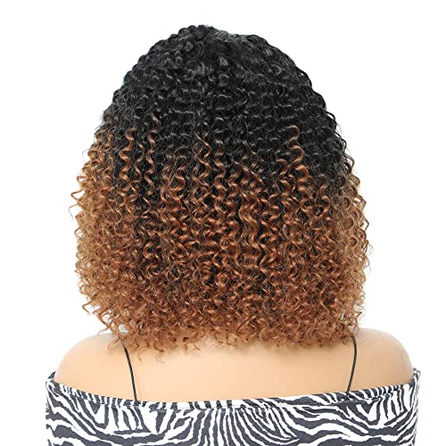 Qihang Short Curly Afro Wigs For Black Women Ombre Brown Synthetic Wig With 5×1 Lace Frontal Afro Kinky Curly Wig With Middle Part Lace Bob Wig For Party Daily Use 12 Inch #TOP4