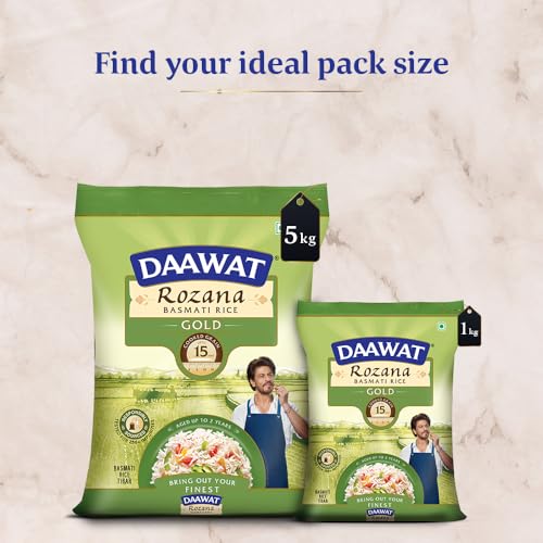 Image of Daawat Rozana Gold Basmati Rice 5Kg| For Everyday Consumption| Cooked Grain Upto 15mm*| Naturally Aged (Pack of 3)