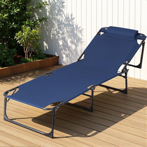 Gardeon Sun Lounge Folding Chaise Lounge with 4-Level Reclining Back, Outdoor Lounge Tanning Chair with Headrest for Beach, Yard, Patio, Blue
