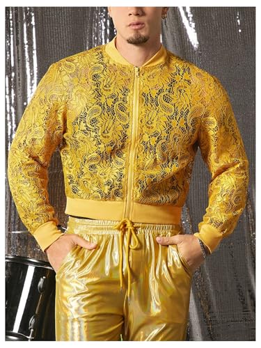 Image of WDIRARA Men's Floral Lace Bomber Jackets Long Sleeve See Through Outerwear