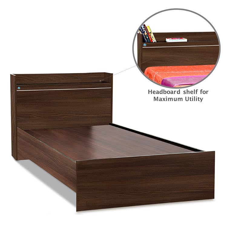 Image of DELITE KOM | 1 Year Warranty | Single Bed, Cherry Engineered Wood Bed Without Box Storage & with Headboard Shelf Storage, Wooden Bed (83x37 Inches) | Installation Included | Color - Acacia Dark