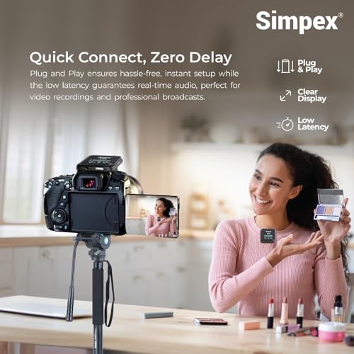 Image of Simpex M-16 Wireless Microphone with Charging Case, 100m Range, Intelligent Noise Cancellation, 10Hrs Battery, Compatible with DSLR, Smartphones for Vlogging, Interviews & Podcasts
