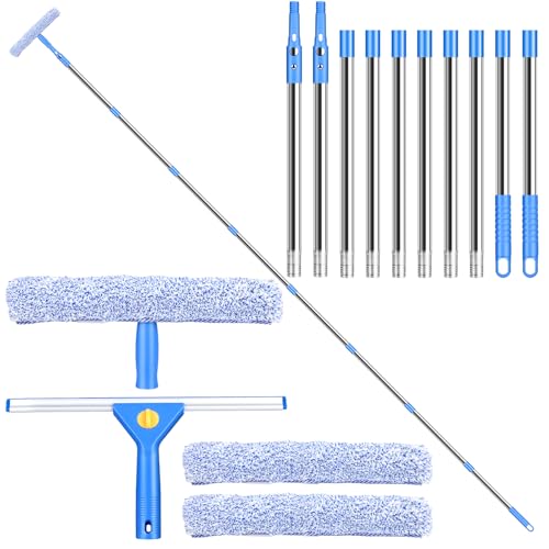 3 m Fensterreiniger-Werkzeug-Set mit langem Griff, 35 cm Fensterwaschabzieher und 38 cm Schrubber, Reinigungsgerät für hohe Fenster, Duschglas, Auto, Wohnmobil (blau)