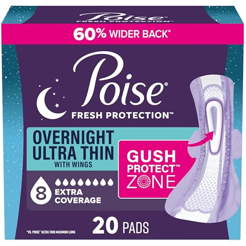 Image of Poise Overnight Ultra Thin Incontinence & Postpartum Pads with Wings for Bladder Leaks, 8 Drop Extra Absorbent, Long Length, 20 Count