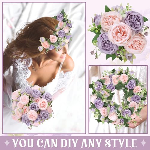Image of 8 Pack Pink, Purple Peonies Artificial Flowers, Fake Silk Hydrangea Bouquet for Bridal Wedding Home Table Decor Reusable Dining Opening Ceremony Birthday Arrangement Faux Floral