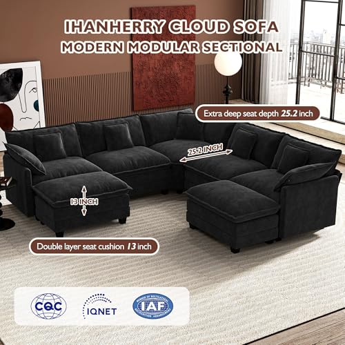 Image of Ihanherry 114 inch V-Shaped Modern Sofa Modular Sectional Cloud Couch with 2 Ottoman, 7-Seat Chenille Deep Seat Sofa with Corner Section for Living Room, Bedroom and Apartment, Black