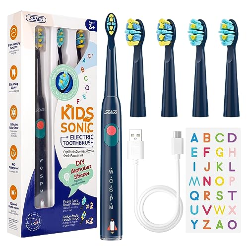 Seago Kids Electric Toothbrushes Rechargeable, Children's Power Toothbrushes with Funny DIY Stickers, 2 Mins Smart Timer, 4 Replacement Brush Heads for Ages 3-12 Boys Girls SG2303(Navy)