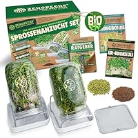 zengreens® Bio Sprossen Anzuchtset – Sprossenglas 1er, 2er oder 3er Set – Enthält Keimglas, Anzuchtschale und Sprossensamen – inkl. 50-seitigem Ratgeber und 10-teiligem Online Videokurs
