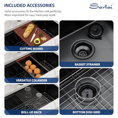 Sarlai 33 Matte Black Undermount Kitchen Sink Workstation - 33x19 Inch Kitchen Sinks with Ledge NANO-Tech Round Corner 16 Gauge Stainless Steel Single Bowl Sink Basin by Sarlai - Used condition - Image 8