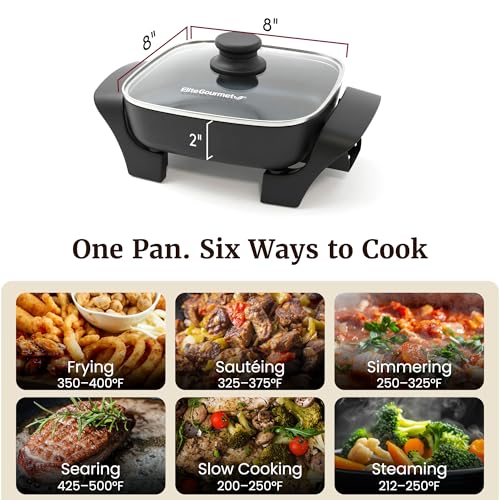 Image of Elite Gourmet EG808C Electric Skillet 8 inchx8 inch PFAS-Free Ceramic Non-Stick, Tempered Glass Vented Lid, Removable Thermostat 200-400F, Dishwasher Safe, 2.5-Qt Capacity for One-Pot Meals, Black