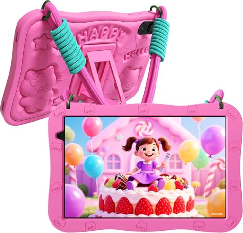 PRITOM 10 inch Kids Tablets, Android 15 Tablet with Lanyard 32GB, Five-Core, HD IPS Display, WiFi, Dual Camera, Toddler Tablet for Kids Age (Pink)