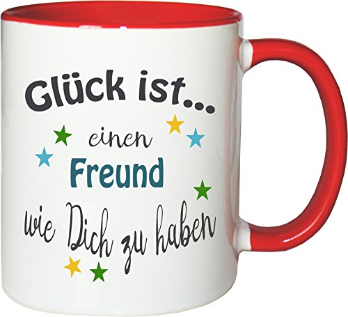 WarmherzIch Taza de café con texto en alemán "Glück ist…....." amigo, color blanco y rojo