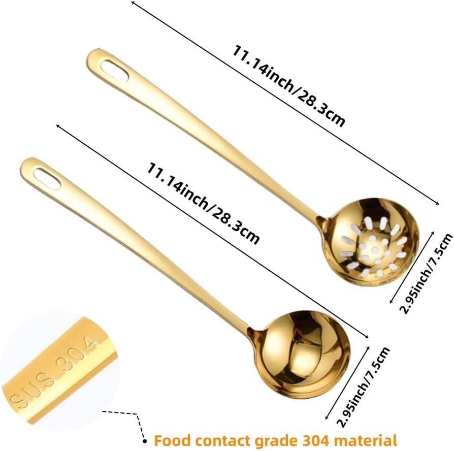 304 Stainless Steel Ladle & Slotted Spoon Set, 2Pcs Kitchen Utensils