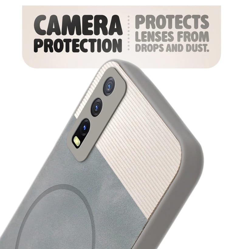Image of Bintage CASE Dual-Leather Mac Safe Design Phone Case| Soft Touch Finish | Full Camera Protectection Back Cover Compatible for Vivo V2029 / Vivo Y20 / Y11s - White & Matelic Grey