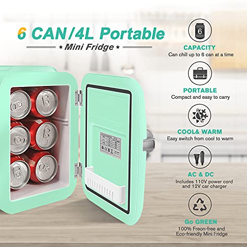 Crownful Mini Fridge, 4 Liter/6 Can Portable Cooler And Warmer Personal Refrigerator For Skin Care, Cosmetics, Beverage, Food,Great For Bedroom, Office, Car, Dorm, Etl Listed (Green) #TOP1