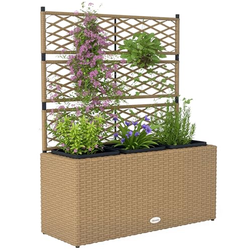 Outsunny Pflanzkübel mit Rankgitter 3 Töpfe, Pflanzgefäß, 33 l, Garten, Balkon, Terrasse, Außenbereich, aus Polyrattan und Stahl, 84 x 30 x 107 cm, Sand/Schwarz
