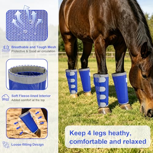 Image of Reflective Horse Fly Boots Set of 4, Loose Fitting Leggings for Horses, Equine Fly Leg Wraps Socks for 4 Legs, Breathable Adjustable and Universal Fit, Reliable Stay Put and on (Blue)