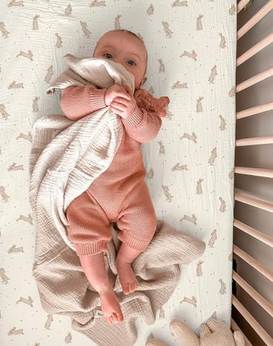 Muslin Bedside Bassinet Sheets 2 Pack, 33x20 Fitted Ultra Soft & Breathable Bedside Sleeper Sheets, Ideal for Baby Girl and Boy, Perfect for Newborns (Hopping Bunnies & Beige) - 4