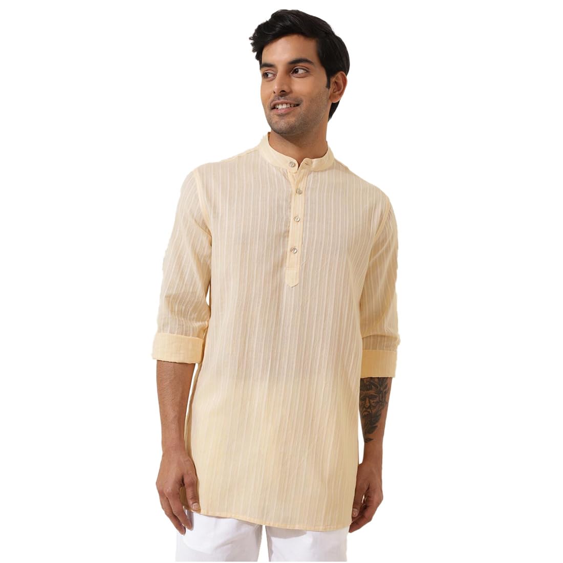 Fabindia Men's Cotton Woven Regular Kurta (1037128Lightyellow_Yellow