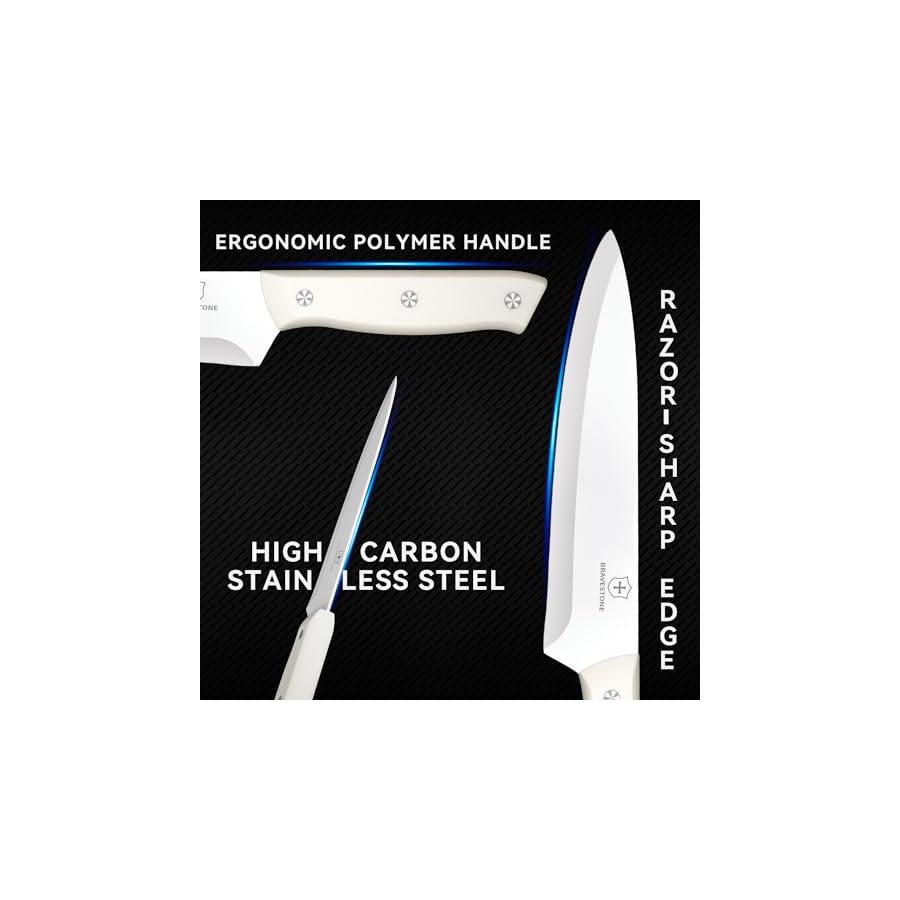 BRAVESTONE Knife Set, 15 Piece Kitchen Knife Set with Block Self Sharpening, Dishwasher Safe, Anti-slip Handle (Cream)