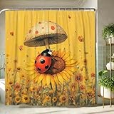 Marienkäfer-Duschvorhang, gelber Pilz-Blumen-Badevorhang für Frühling & Sommer, niedlich, künstlerisch, wasserdicht, Stoffvorhang-Set mit Haken für Badezimmer, 183 x 183 cm