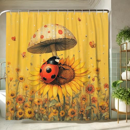 Marienkäfer-Duschvorhang, gelber Pilz-Blumen-Badevorhang für Frühling & Sommer, niedlich, künstlerisch, wasserdicht, Stoffvorhang-Set mit Haken für Badezimmer, 183 x 183 cm