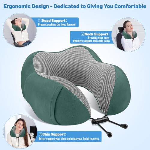 Image of CloudBliss Travel Pillow for Airplane, Set of 2 Memory Foam Neck Pillow for Travel, Travel Neck Pillow for Long Flight, Car & Office, Trip Accessories with Eye Mask, Earplugs, Carry Bag, Black & Green