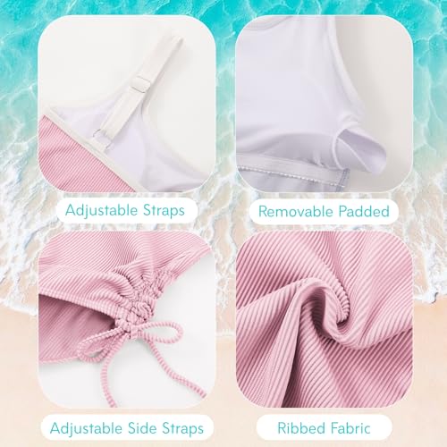 Image of Weixinbuy Girls Swimsuit Ribbed Bathing Suit for Girls Adjustable Strap Color Block Summer Beach One Piece Swimsuit