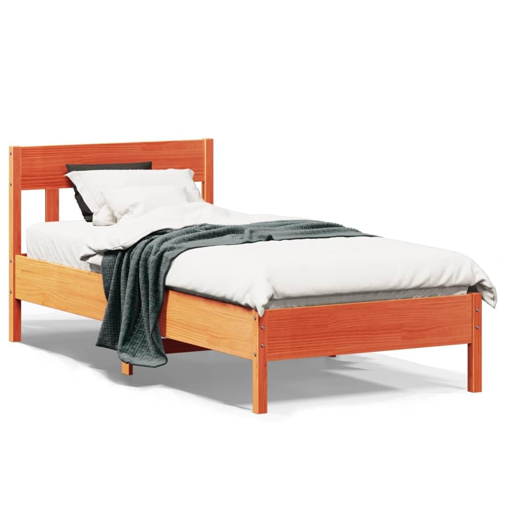 vidaXL Estructura de Cama con Cabecero, Somier de Listones de Invitados, Marco de Cama, Mueble para Dormitorio, Madera de Pino Marrón Cera 90x190 cm