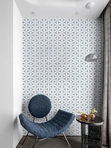 Image of Blue and White Hexa Geometric Wallpaper,Self-Adhesive, Waterproof PVC Vinyl Wall Sticker & Peel and Stick Contact Paper for Kitchen, Wardrobe, Furniture & Home Decor Renovation (45x300 cm)