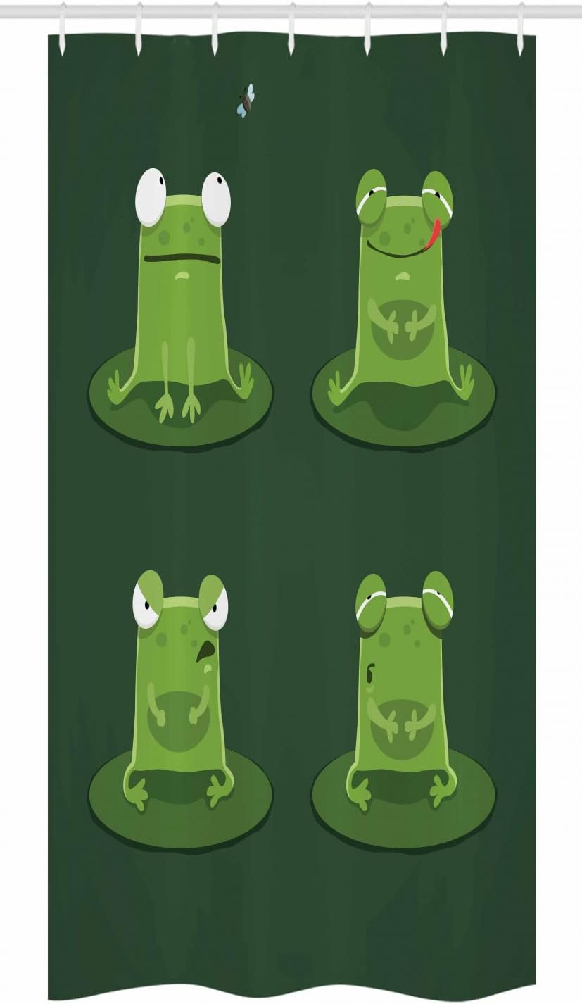 Ambesonne Funny Stall Shower Curtain, Funny Muzzy Frog on Lily Pad in Pond Hunting Tasty Fly Expressions Cartoon Animal, Fabric Bathroom Decor Set with Hooks, 36" W x 72" L, Hunter Green