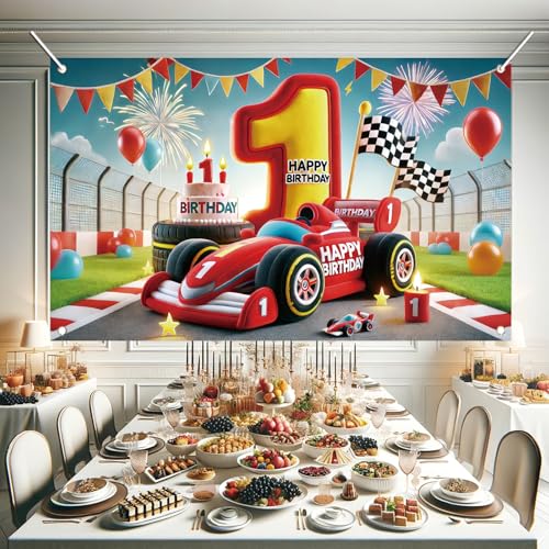 Image of Racing Car Birthday Backdrop Banner - High-Speed Racing Car Party Decoration, Photo Booth Background, Motorsport-Themed Birthday Celebration, 71x43 Inch Party Decoration