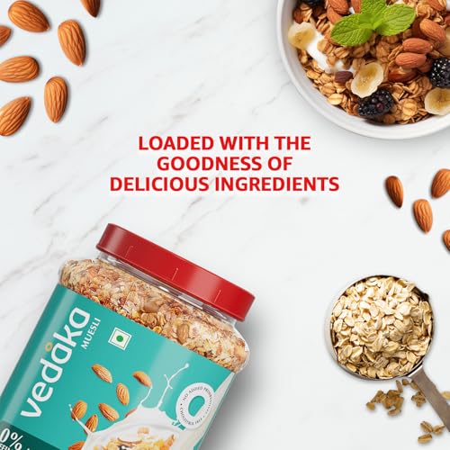 Image of Amazon Brand - Vedaka Muesli | 1 Kg Jar | Contains 88.9% Dry Fruits, Nuts and Multgrains | No Added Refined Sugar | High in Fiber | No Added Preservatives | Quick Breakfast